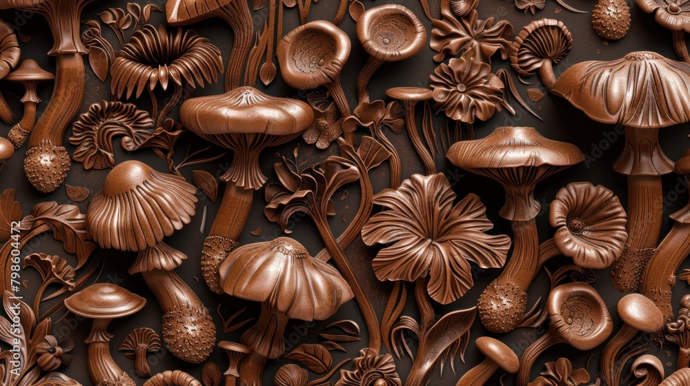 Wooden carving forest background with carved detailed elegant mushrooms and flowers, craft hand made texture, natural eco color palette, AI generated Wooden carving forest background with carved detailed elegant mushrooms and flowers, craft hand made texture, natural eco color palette, AI generated