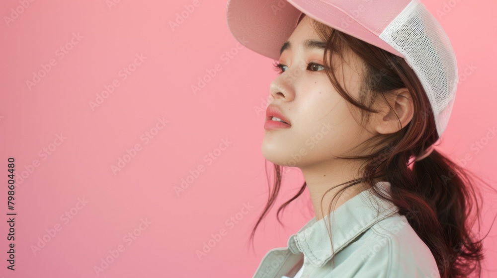 Young female wearing cap sporty fashion style product store copy space Young female wearing cap sporty fashion style product store copy space