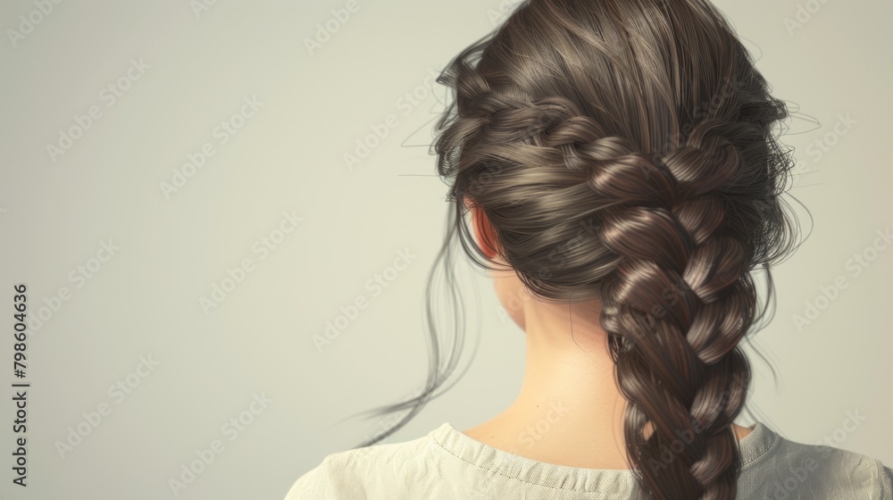 Young woman long black hair braided, beauty hair style, back of view isolated background