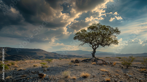 Landscape with lonly tree on an arid hill photo