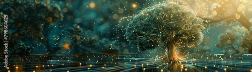 A symbolic graphic featuring a tree of life, a brain, and a computer chip, representing the harmonious coexistence of nature and technology in a creative design 8K , high-resolution, ultra HD,up32K HD