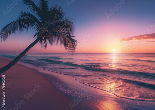Tranquil Beach Sunset with Palm Tree Silhouette and Purple Sky