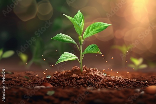 Against a backdrop of dark soil, a fresh seedling sprouts, offering a blank space for text or design, perfect for Earth Day or naturethemed messages photo