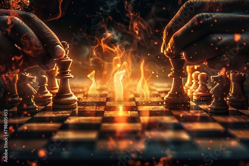 An intense chess game between two focused players, their hands hovering over the pieces with fiery determination