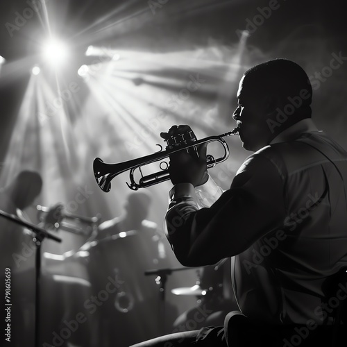 Solo trumpet player performing in a jazz band on stage, spotlight enhancing the brass shine, audience in soft focus.