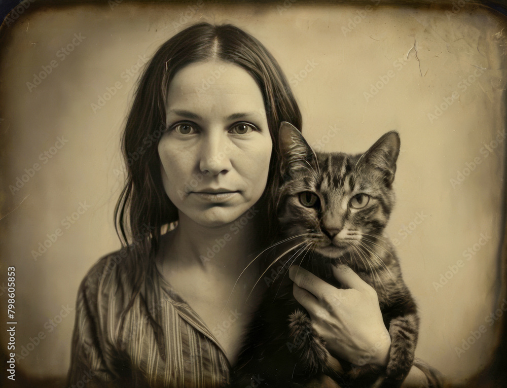 Portrait of a young woman with a cat. Photo in old image style.