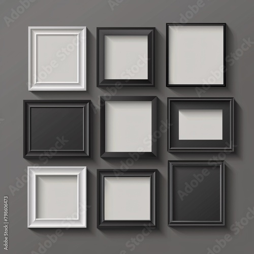A collection of realistic photo frames in various orientations including square, portrait, and landscape, designed as a mockup with shadows for a versatile display.