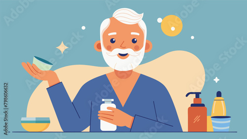 An older gentleman is shown pampering himself with a luxury skincare regimen proving that beauty knows no age..