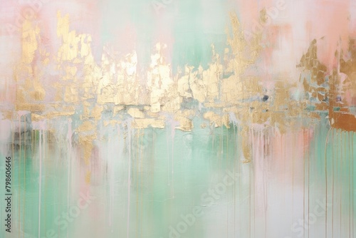 The abstract picture of the gold, pink and green colour that has been painted or splashed on the white blank background wallpaper to form random shape that cannot be describe yet beautiful. AIGX01. © Summit Art Creations
