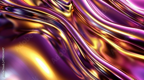 Liquid motion background with holographic curves in shimmering gold and violet