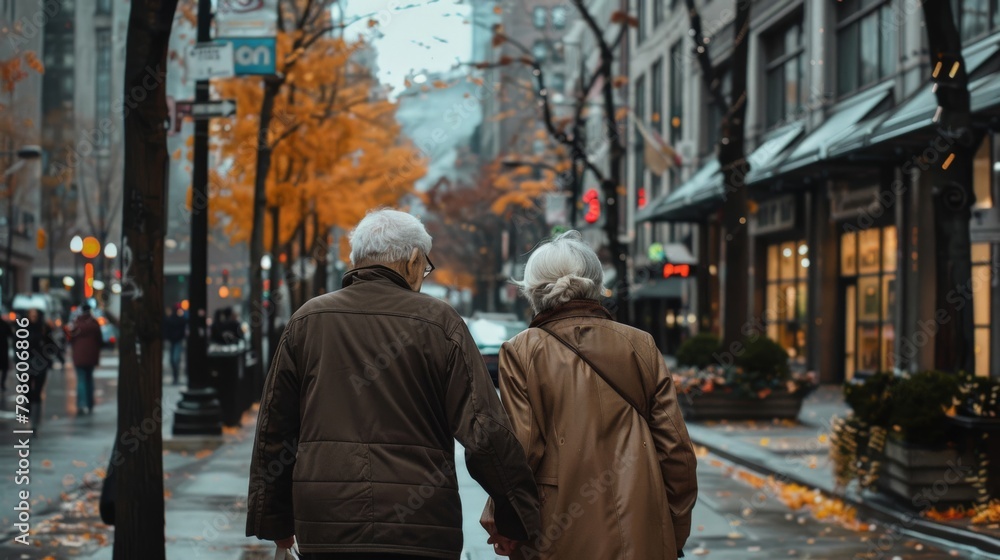 An elderly couple walking hand in hand along a city street An elderly couple walking hand in hand along a city street