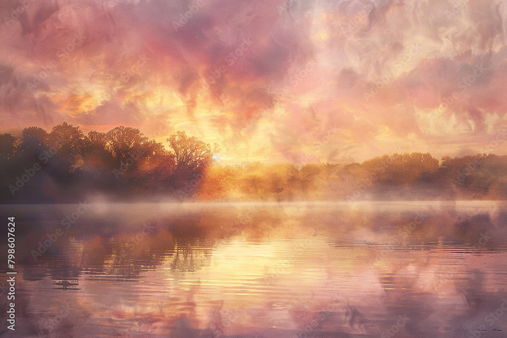 A peaceful sunrise over a misty lake, painting the sky with hues of pink and gold.