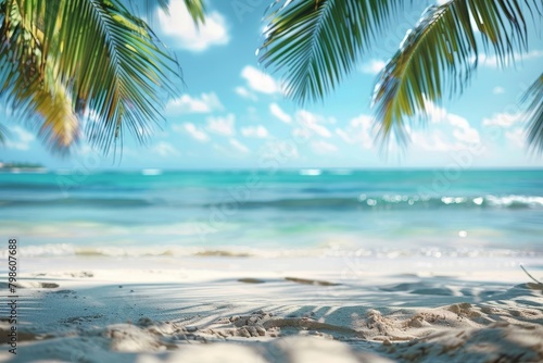 Blurred tropical beach background. Summer vacation, Generative AI