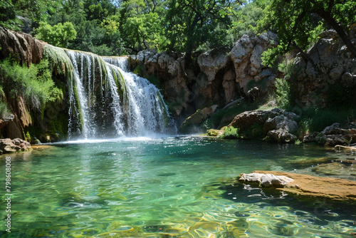 A picturesque waterfall cascading into a crystal-clear pool  inviting campers to cool off.