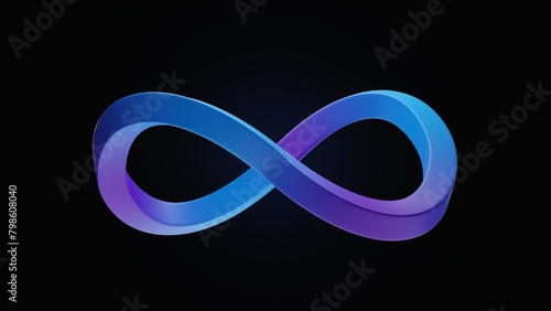 Black background, dark, infinity symbol  purple and blue 3D rendering.