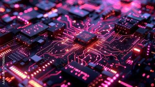 A close-up of a powerful microchip at the heart of a motherboard, highlighted by red circuit lines and glowing electronics.