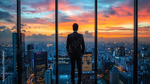 A man in a business suit stands before floor-to-ceiling windows in a high-rise office, watching the city lights ignite as the sun sets.