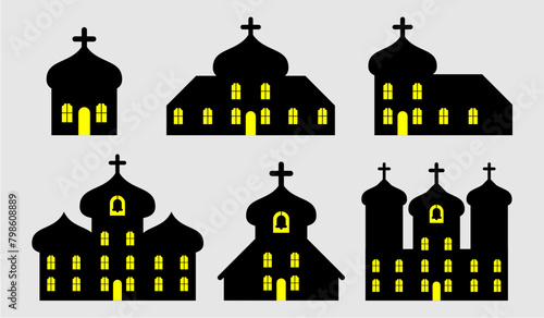 set of silhouette orthodox church with lights on from inside, yellow light, Christian cross, Church building, Christian religion