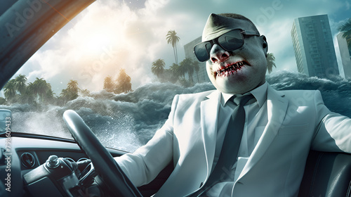 a shark face in a business suit sitting in a car OceanicStyle on a peaceful background photo