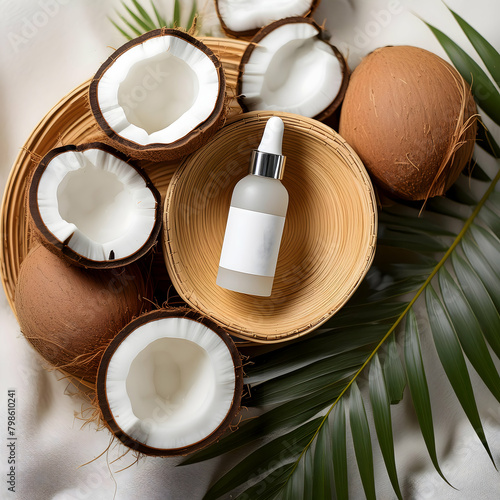 coconut milk and coconut.a top view of a spa still life arrangement, showcasing a skincare serum bottle with a label amidst coconut milk and coconut elements, set against a natural background. The ill