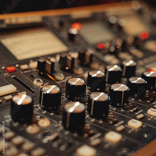 Close-up of a professional sound compressor in a recording studio, emphasizing the control knobs and VU meters for dynamic audio management
