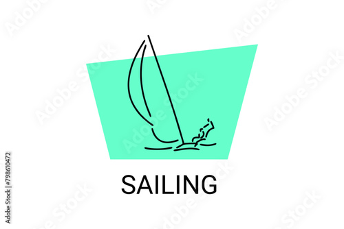 sailing sport vector line icon. Athlete is sailing on a ship in the sea sport pictogram, vector illustration.