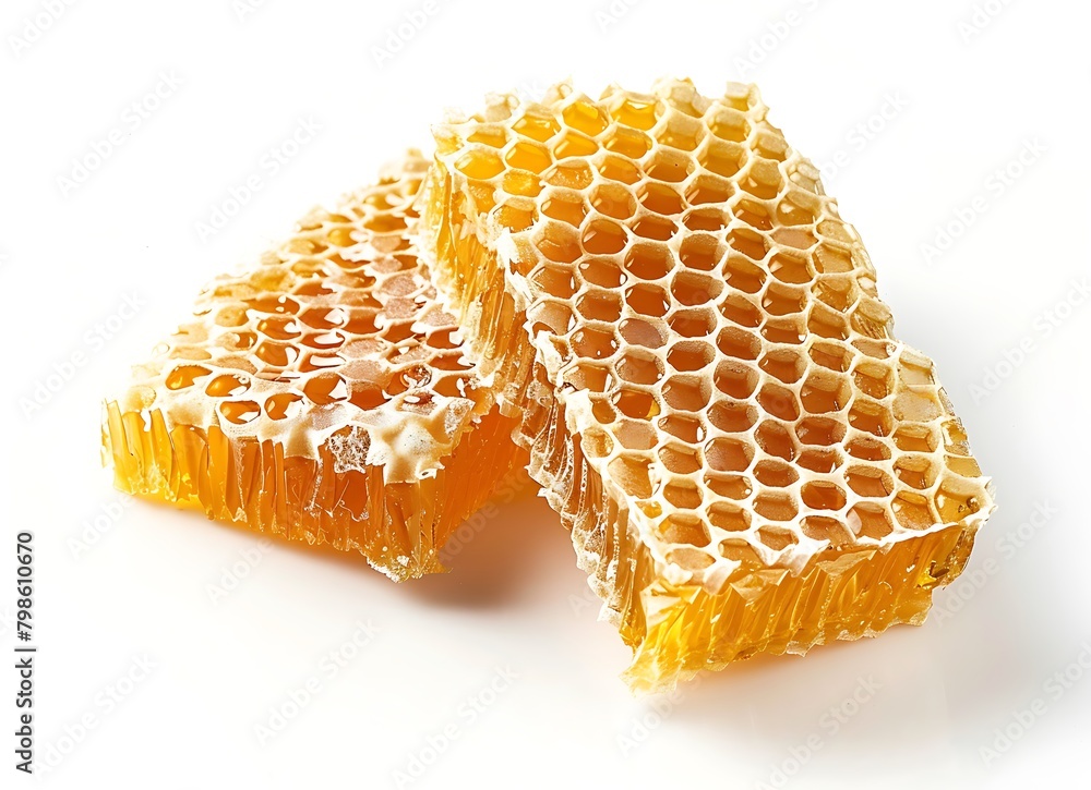 A close up of two honeycomb squares on a white background. A close up of two honeycomb squares on a white background.