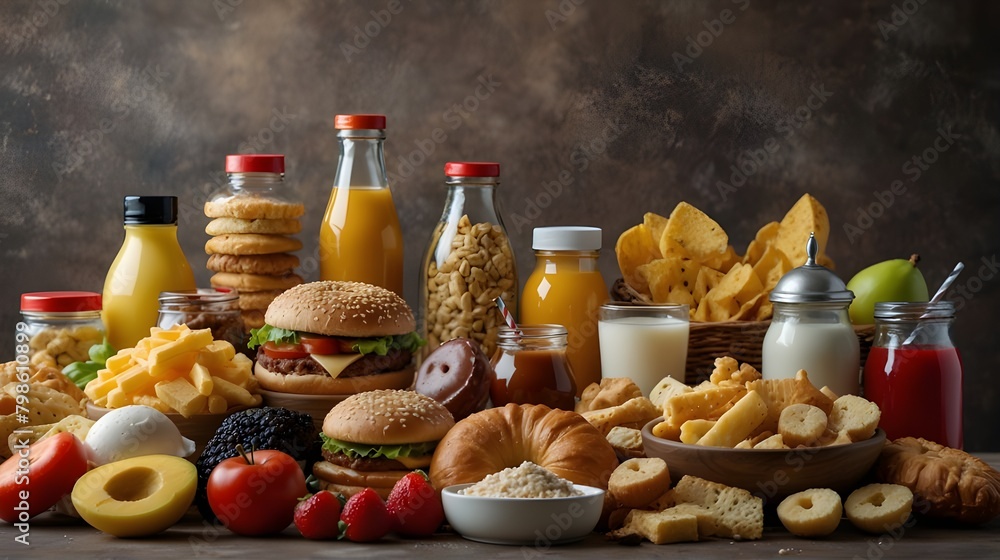 Fototapeta premium assortment of unhealthy goods that are detrimental to one's teeth, skin, heart, and figure. quick food with carbs. Room for text