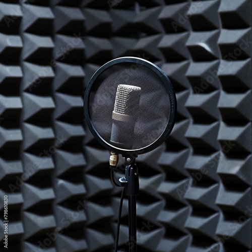 Pop filter positioned in front of a microphone in a soundproof recording booth, emphasis on audio clarity and precision