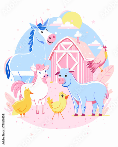 Whimsical Farm Scene with Cute Cartoon Animals and Pastel Barn. Vector cartoon illustration for children's book, educational materials, and playful decor with copy space.
