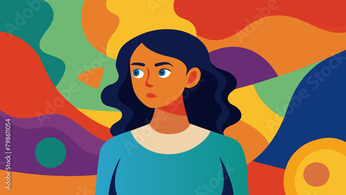 A woman stands in front of an abstract painting her brow furrowed as she ponders the artists use of color and form lost in her own thoughts.. Vector illustration