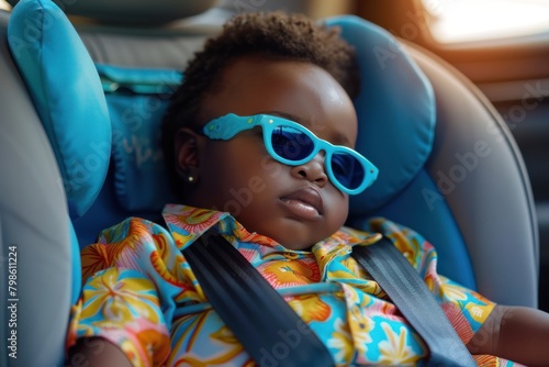 A cute baby boy with sunglasses sits in a colorful shirt in a child seat, ready for a car ride. photo