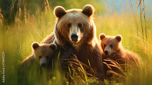 Bears family in the forest world wildlife outdoors mammal photography on a grassy background 