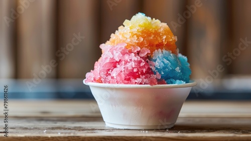 Colorful traditional Hawaiian dessert shave ice in a takeout bowl on a wooden table