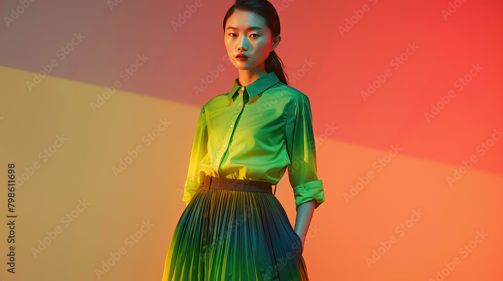 A Chinese female model, wearing a shirt and skirt with a green and yellow gradient, green on top and yellow on bottom