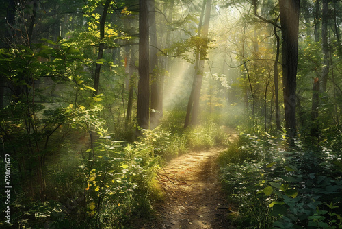 A winding trail through a dense forest  dappled sunlight filtering through the trees.