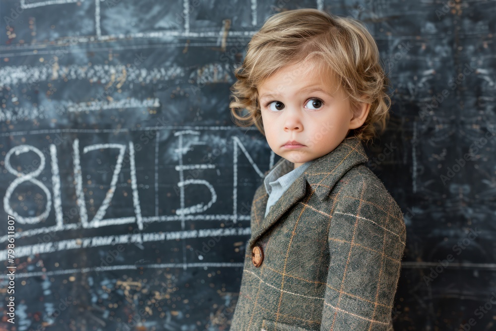 A young student stands in a school classroom at a blackboard with formulas drawn in white chalk. A young student stands in a school classroom at a blackboard with formulas drawn in white chalk.
