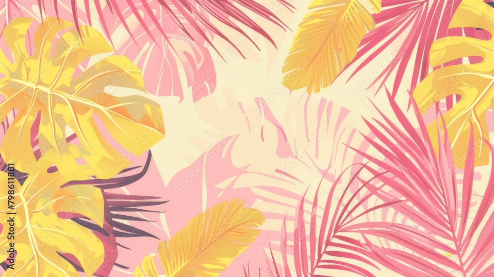 Fototapeta premium vector illustration of summer leaves and palm tree leaves in pink