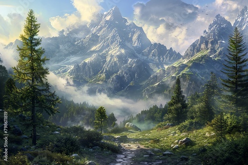 Illustrate the ethereal beauty of a misty morning mountain scene in a traditional oil painting style © Suphat
