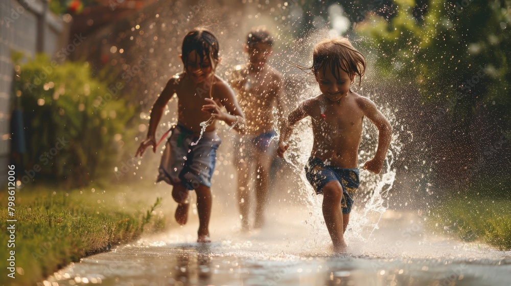 Children running through a sprinkler in a backyard on a hot day Stock ...