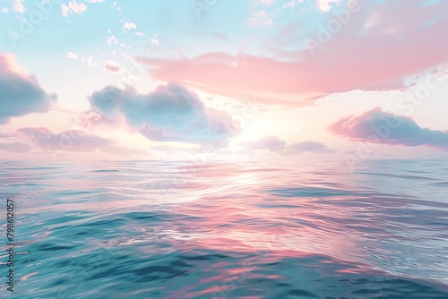Capture the serene beauty of a sea view at eye level, with soft pastel hues in a watercolor style, emphasizing the tranquility and vastness of the ocean