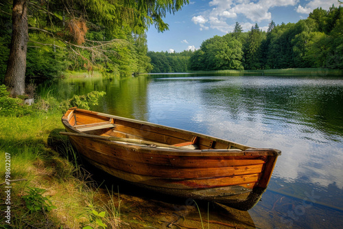 A wooden rowboat moored at the edge of a tranquil lake  its oars resting on the shore.