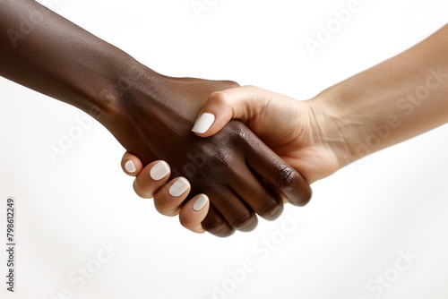 A handshake of two hands, one hand is dark-skinned and the other hand is light-skinned, symbolizing friendship and understanding between different people and nations photo