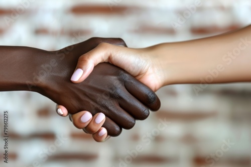 A handshake between two people, one with darker skin and the other with lighter skin.