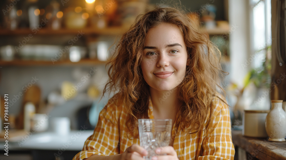 Young chubby woman standing in kitchen sitting at table holding glass drinking pure water looking camera smiling cheerful. Young chubby woman standing in kitchen sitting at table holding glass drinking pure water looking camera smiling cheerful.