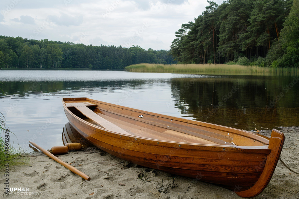 A wooden rowboat moored at the edge of a tranquil lake, its oars resting on the shore.