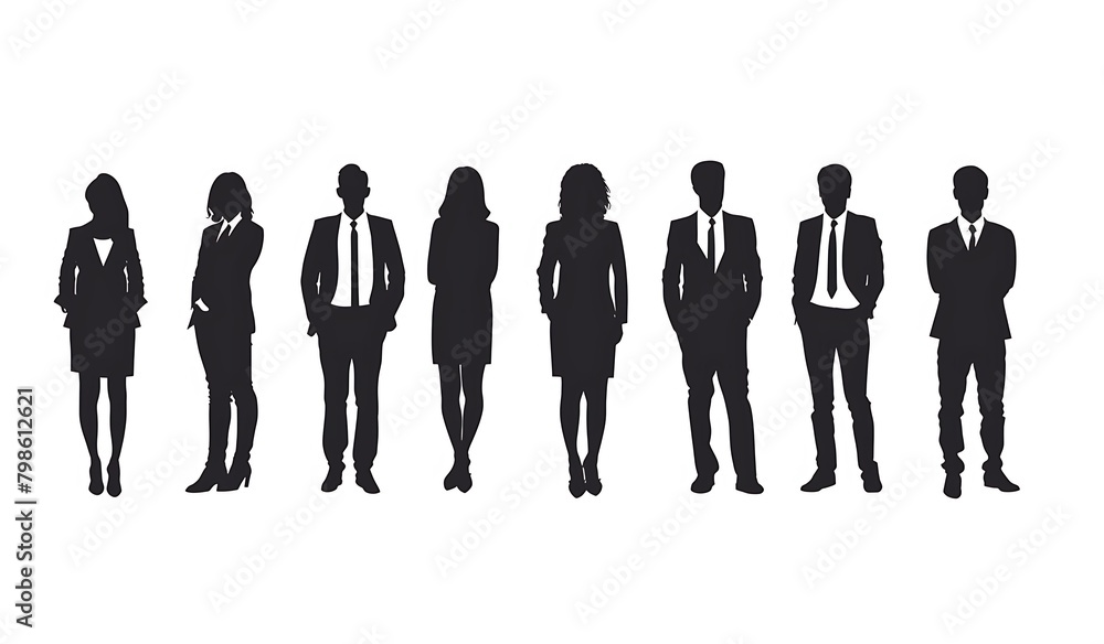 This image depicts eight business people standing in two rows of four, They are dressed in business attire and are in black silhouette against a white background.