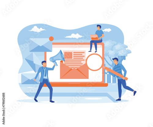 Composition with giant tablet PC, letter in envelope on screen, group of working people or team of marketers. Email marketing, internet advertisement, online promotion. flat vector modern illustration