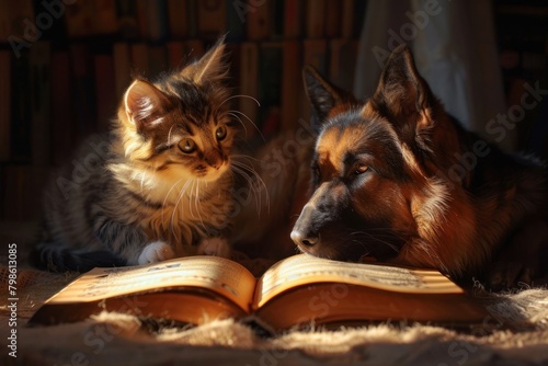 A fluffy kitten and a German shepherd lie in front of an open book in the rays of the sun falling from the window © Neuraldesign