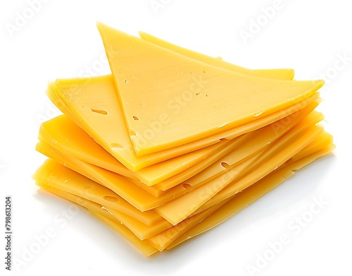 A pile of yellow cheese slices isolated on white background